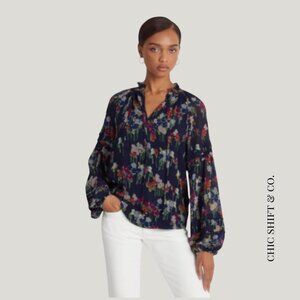 Lauren Ralph Lauren Floral Crinkle Georgette Blouse Size M EUC